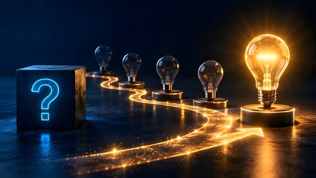 Glowing light bulb with a glowing question mark block representing the journey of creative ideas problem solving and finding solutions