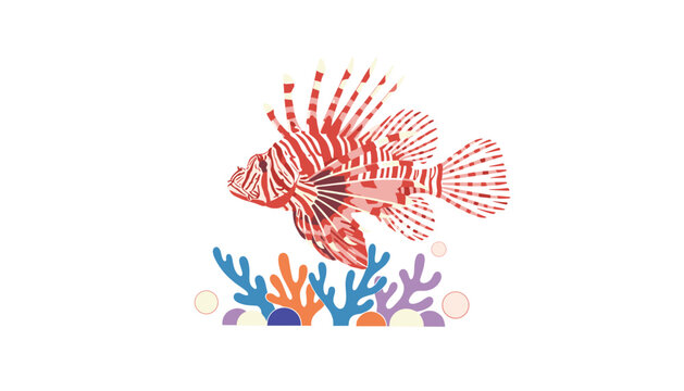 Striped red lionfish swimming over a colorful coral reef structure with sea anemones on a white background.