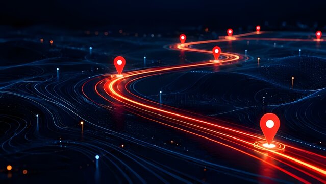 Glowing red location pin pointers on abstract futuristic digital highway map representing gps navigation tracking delivery logistics and global network