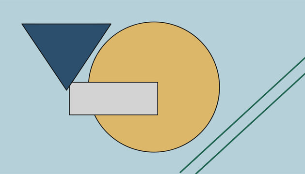 Abstract geometric art composition featuring a dark blue triangle a light grey rectangle and a large yellow circle.