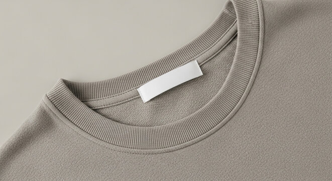 Minimalist beige sweatshirt collar with blank white clothing label, cotton fabric texture mockup, apparel branding tag template