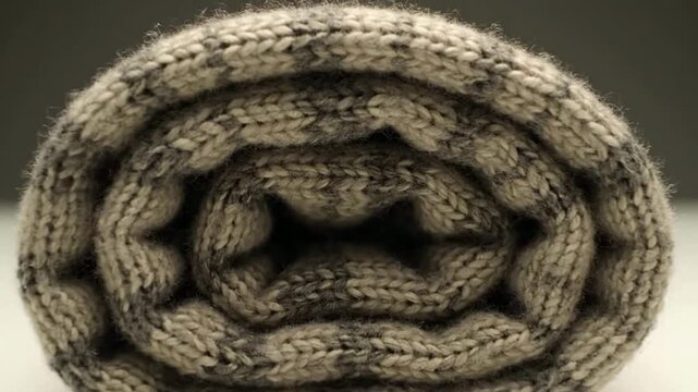 High-resolution close-up mockup of rolled scarf fabric texture showcasing intricate knit pattern on neutral studio background with ample copy space...