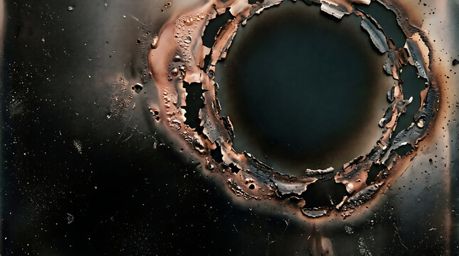Abstract charcoal film burn texture with circular scorched hole and dark grunge overlay.