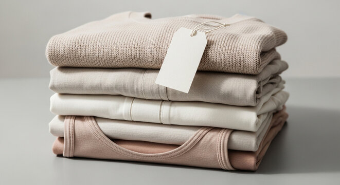 Minimalist stack of folded cotton clothing with blank price tag, neutral beige apparel collection, sustainable fashion retail concept