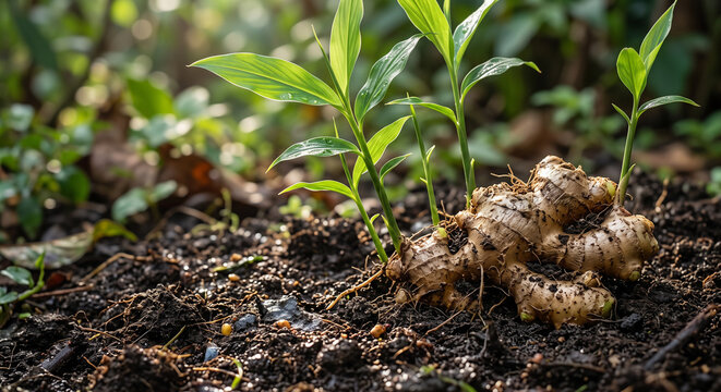A fresh ginger rhizome with vibrant green sprouts grows in dark fertile soil outdoors.