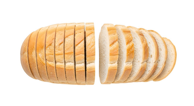 Top view of a sliced loaf of white bread isolated on transparent background