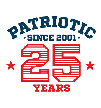 Patriotic since 2001 25 years anniversary typography with red stars graphic design national pride twenty five usa theme american pride event branding design element