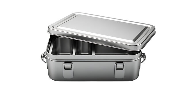 Silver metal briefcase open with interior compartments isolated on transparent background