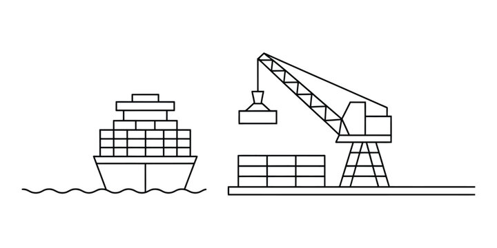 Cargo ship being loaded by a crane at the harbor port