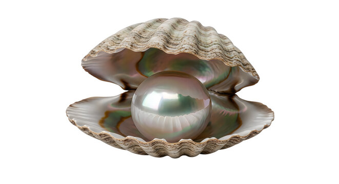 A beautiful shiny white pearl inside an open natural seashell isolated on transparent background