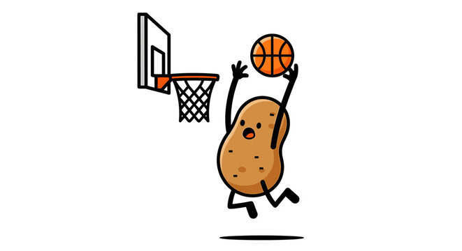 Athletic potato character dunking a basketball.