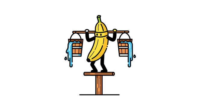 Banana character balancing water buckets on a wooden yoke.