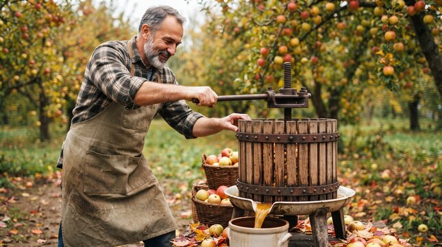 Bearded man using a traditional wooden press to make fresh apple cider in a scenic autumn orchard.