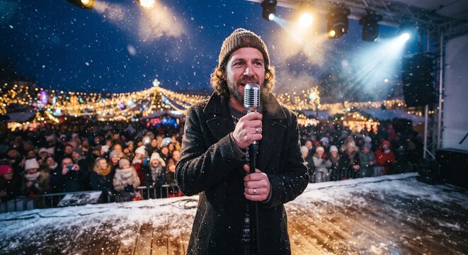 Bearded singer performing on an outdoor stage with a vintage microphone during a snowy winter evening concert.