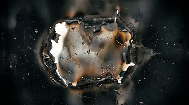 Charcoal paper burn hole with glowing edges and ash texture for overlay design effects