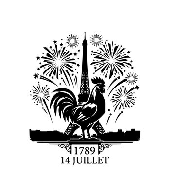 Gallic rooster silhouette with Eiffel Tower and fireworks illustration