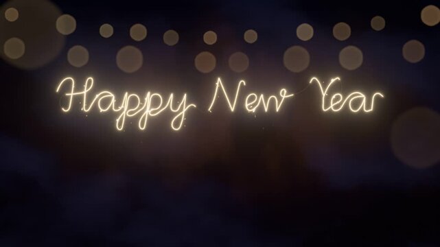Glowing sparkler writes Happy New Year in golden cursive light with sparks and falling embers, string light bokeh at night, seamless loop