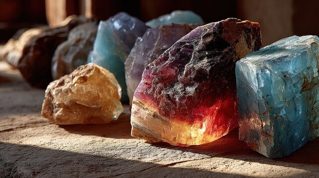 colorful rocks and minerals on wooden surface.