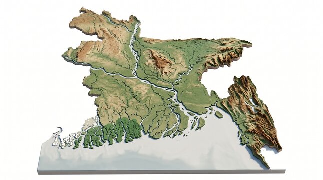 3D Relief Map of Bangladesh with Rivers and Topography Isolated on White