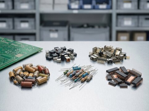 circular economy electronic components Electronic components like capacitors, resistors, ICs arranged on a table.