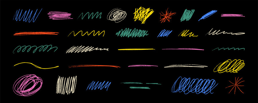 Messy Color Pencil Line Stroke Set. Crayon Doodle Pen Stroke Kit. Brush Scratch Sketch Strokes Texture Mark. Hand Drawn Grunge Vector Illustration in Black Bg