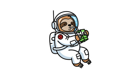 Fototapeta premium Sloth astronaut floating in space drinking juice.