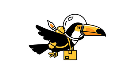 Fototapeta premium Toucan astronaut flying with jetpack and package.