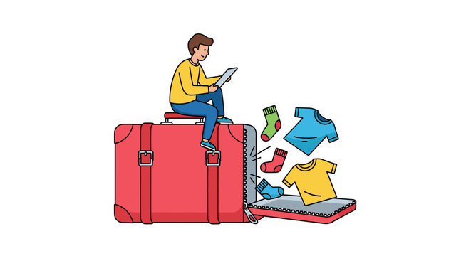 Traveler sitting on an overpacked red suitcase.