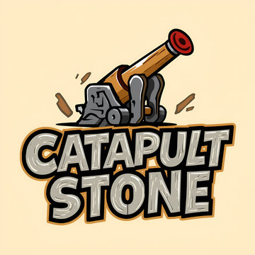 Cartoon style illustration of a vintage wooden cannon with the text Catapult Stone.