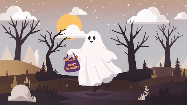 Cute Ghost Floating Through a Halloween Cemetery