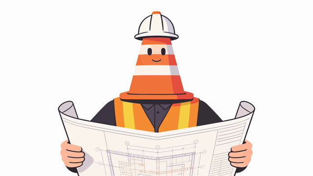 Cute construction worker cone character with hard hat holding a detailed building blueprint plan
