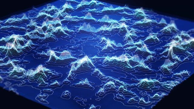 Abstract big data visualization with glowing digital topography, contour lines and data points, representing information analysis, data mapping, digital landscape and advanced technology.