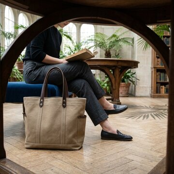 Premium Canvas Tote Bag with Leather Straps in Elegant Library Interior