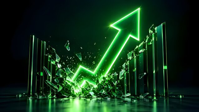 Glowing green neon arrow breaking through glass walls representing explosive business growth financial success and breaking limitations