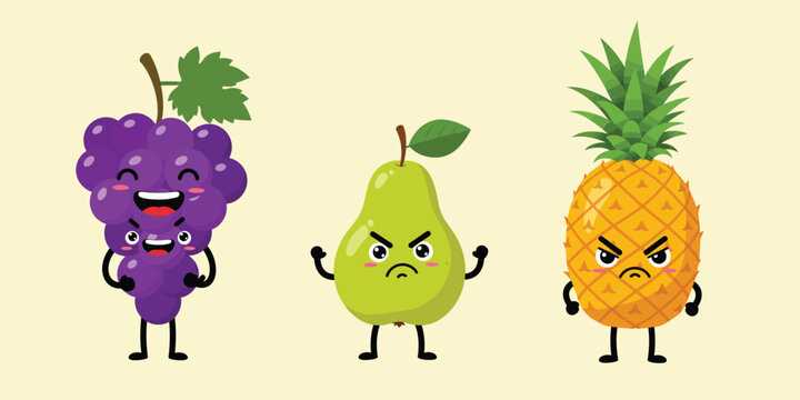 Cartoon fruit characters featuring happy grapes angry pear and grumpy pineapple mascots on yellow background