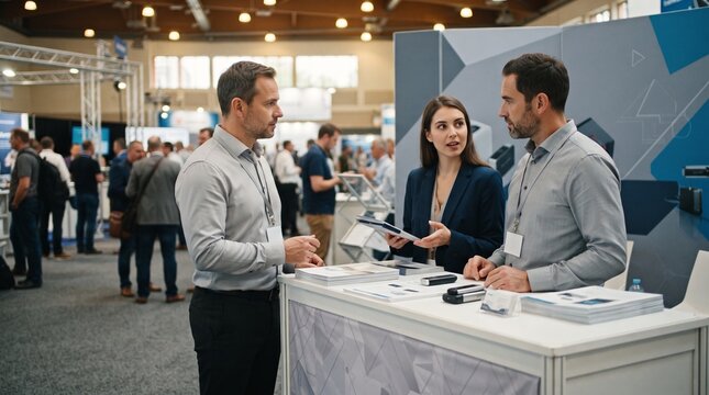 Business people talking at a trade show booth, discussing products with brochures in a convention hall.
