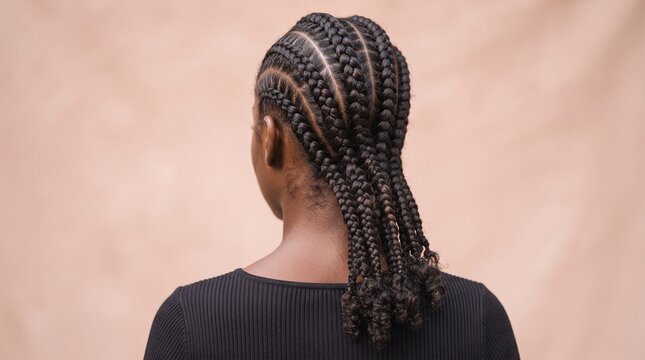 Super Macro Rear View of Natural Braided Hairstyle on Dark Skin Woman