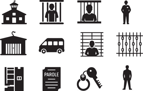 Prison and jail vector icons of inmate, guard, cell, transport van, keys, and parole paper