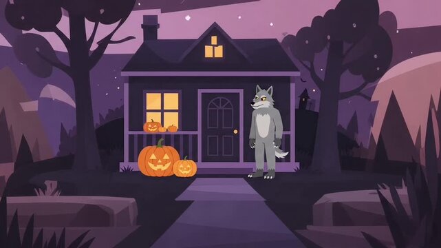 Haunted House with Pumpkins and Mysterious Cat