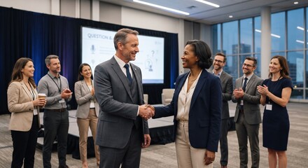 Obraz premium Business professionals shaking hands on stage at a corporate conference with clapping colleagues in background.