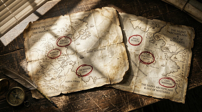 Two antique maps with red circles marking locations on a wooden table paper parchment
