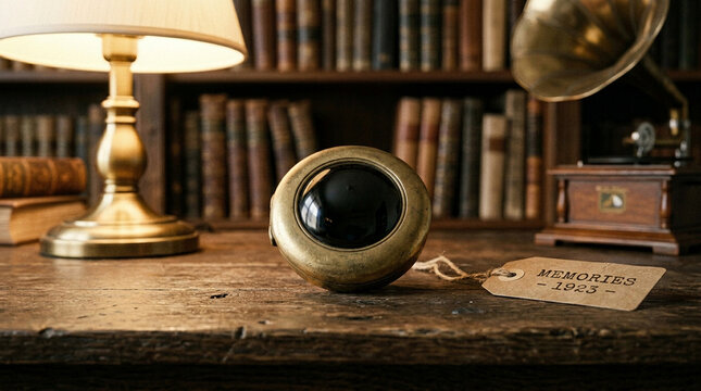 Vintage brass camera lens on wooden desk with gramophone and books