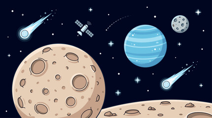 Cute Cartoon Space Landscape with Moon Crater Planet Comets Satellite Stars and Galaxy Night Sky Vector Illustration © MdRabby