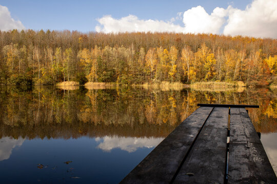Steg zum See mit blick auf den herbstlichen Wald