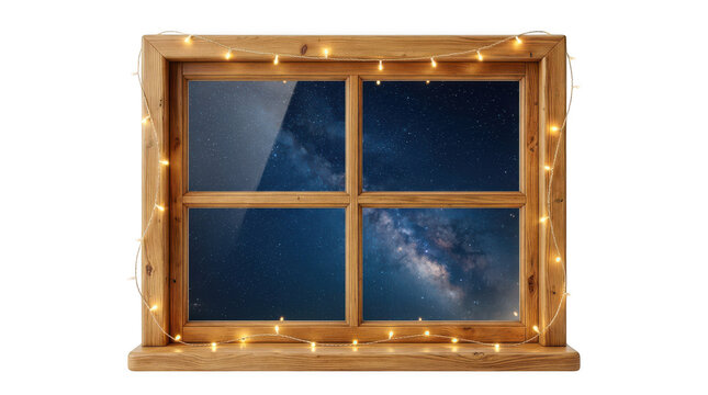 Wooden window frame with glowing lights and night sky view isolated on transparent background