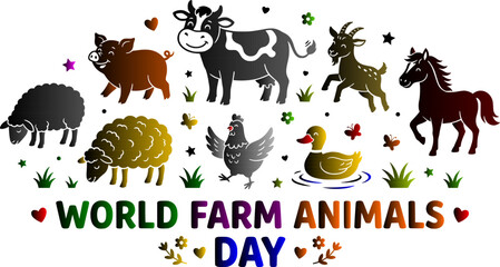 Fototapeta premium World Farm Animals Day vector illustration cute domestic animals group cow pig sheep goat horse hen duck with colorful typography isolated on white background