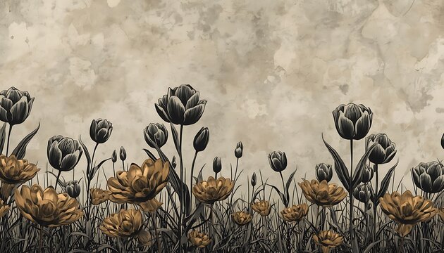 Luxury black and metallic bronze botanical plaster wallpaper mural seamless art