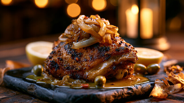 Yassa Poulet Casamance served on a plate with sauce and garnishes, representing Senegalese cuisine