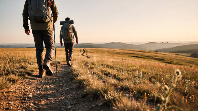 Hikers Backpacking on Scenic Trail at Golden Hour for Outdoor Adventure and Travel