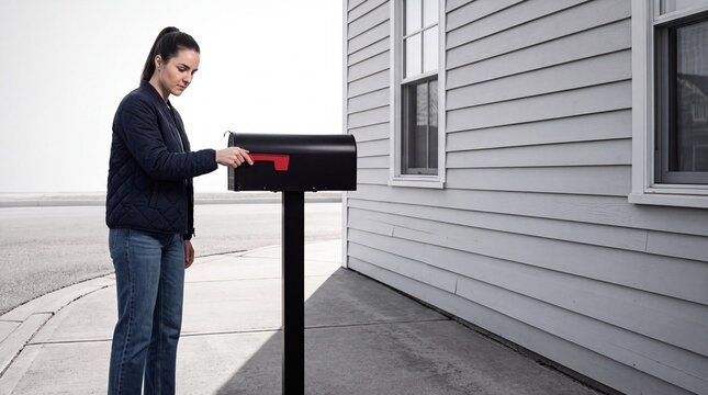 Young woman checks mailbox flag outside suburban house